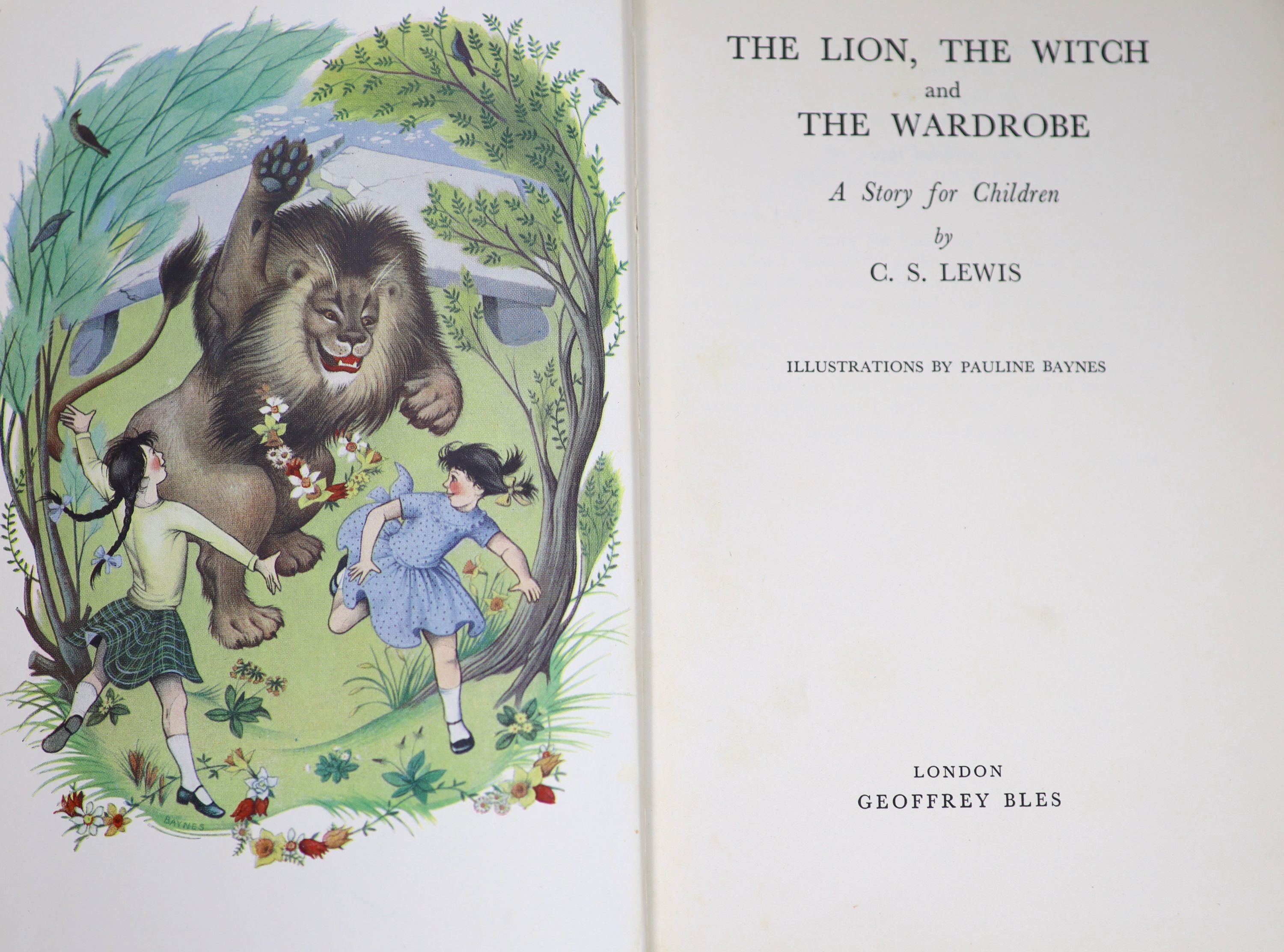 Lewis, Clive Staples - The Lion, the Witch and the Wardrobe,1st edition , 8vo, illustrated by Pauline Baynes, including a coloured frontis, original cloth with sunned spine, in unclipped, chipped, repaired d/j, Geoffrey